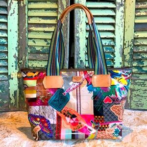 Consuela Multicolor Patchwork Tote with Teal, Pink, Yellow & Brown Accents